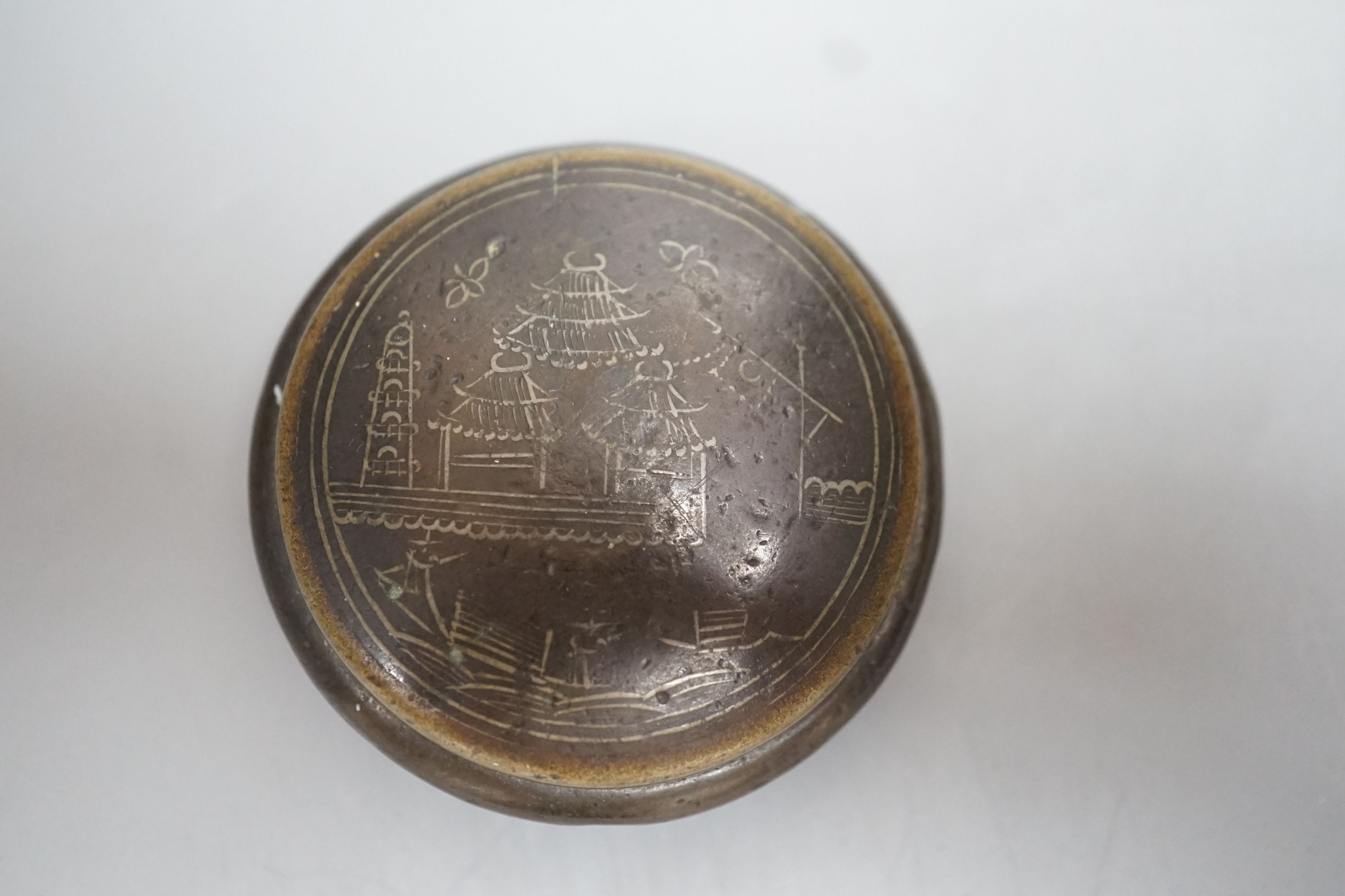 A Chinese white metal wire inlaid bronze seal paste box, 19th century and a cloisonne box, 8cm diameter